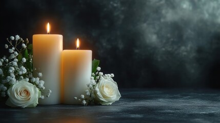 Two lit ivory pillar candles with white roses and baby's breath on a dark moody surface, evoking calm and contemplative serenity