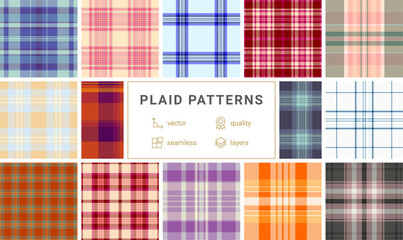Autumn plaid pattern pack created for social media visuals. Seasonal tartan textures enhance posts and promotions. Vector flexibility fits formats.
