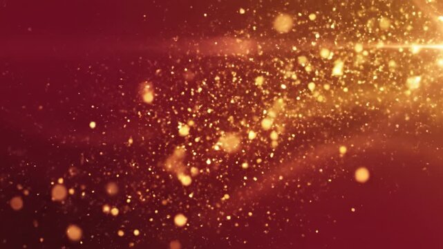 Gold glitter sparkle bokeh light on red background for chinese new year celebration, glowing particle trail, bright starburst flare, warm luxury abstract festive wallpaper banner with space