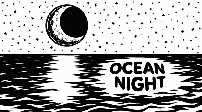 night ocean landscape with bright moon reflection and star filled sky over dark sea horizon black and white showing celestial astronomy galaxy environment