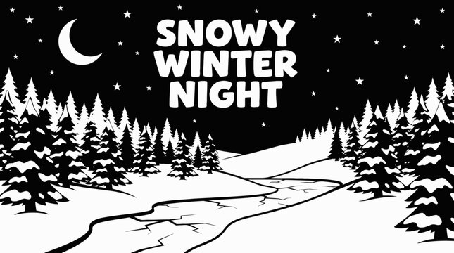 night winter snow landscape with bright moon and clear stars across dark sky above frozen forest horizon showing celestial astronomy galaxy environment