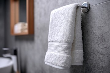 Close up of soft white towel hanging on metal holder against gray textured bathroom wall, showcasing clean modern home interior.