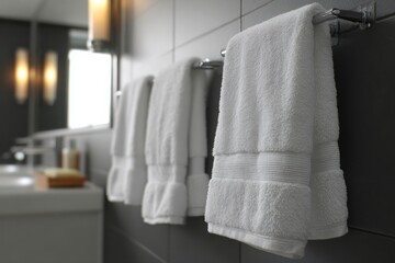 Close up of soft white towel hanging on metal holder against gray textured bathroom wall, showcasing clean modern home interior.