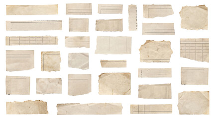a diverse collection of torn, aged newspaper fragments and paper pieces with grid lines and faint...