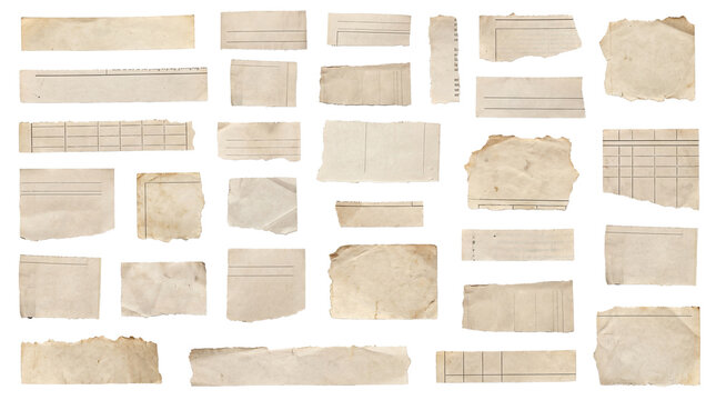 a diverse collection of torn, aged newspaper fragments and paper pieces with grid lines and faint text, isolated on black.