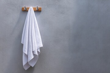 Close up of soft white towel hanging on metal holder against gray textured bathroom wall, showcasing clean modern home interior.