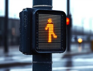 Close-up of an illuminated amber pedestrian walk signal on a rain-speckled pole, glowing against a blurred wet city street and distant traffic lights, evoking a calm cautious urban mood