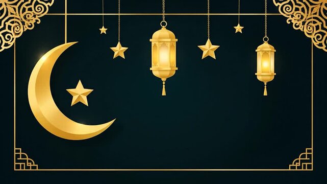 Elegant dark background with gold lanterns, stars and decorative frame elements