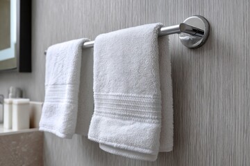 Close up of soft white towel hanging on metal holder against gray textured bathroom wall, showcasing clean modern home interior.