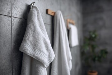 Close up of soft white towel hanging on metal holder against gray textured bathroom wall, showcasing clean modern home interior.