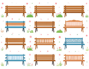 Park benches in various styles, surrounded by small flowers and greenery, arranged on a white background
