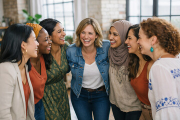 Obraz premium Diverse Group of Happy Women Laughing Together in a Circle - Unity and Inclusion for International Women's Day