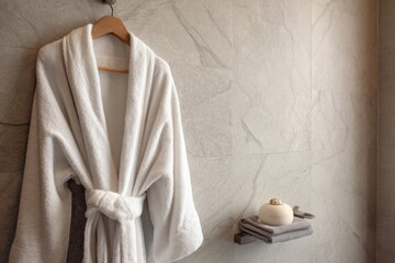 Close up of soft white towel hanging on metal holder against gray textured bathroom wall, showcasing clean modern home interior.