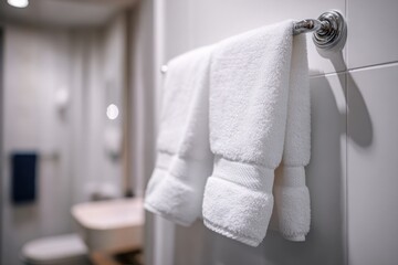 Close up of soft white towel hanging on metal holder against gray textured bathroom wall, showcasing clean modern home interior.