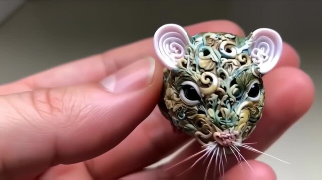 Close-up shot showcasing an artisan, decorative mouse head crafted from polymer clay