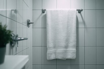 Close up of soft white towel hanging on metal holder against gray textured bathroom wall, showcasing clean modern home interior.