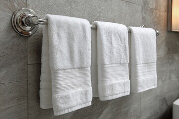 Close up of soft white towel hanging on metal holder against gray textured bathroom wall, showcasing clean modern home interior.