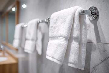 Close up of soft white towel hanging on metal holder against gray textured bathroom wall, showcasing clean modern home interior.