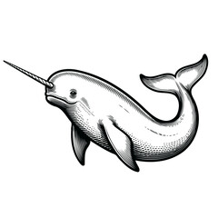 Fototapeta premium Vintage engraved narwhal illustration in black and white