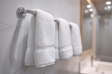 Close up of soft white towel hanging on metal holder against gray textured bathroom wall, showcasing clean modern home interior.