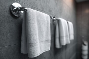 Close up of soft white towel hanging on metal holder against gray textured bathroom wall, showcasing clean modern home interior.