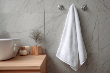 Close up of soft white towel hanging on metal holder against gray textured bathroom wall, showcasing clean modern home interior.