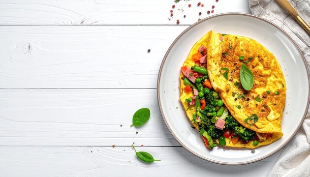 Cooked omelette, filled with vegetables, on white plate