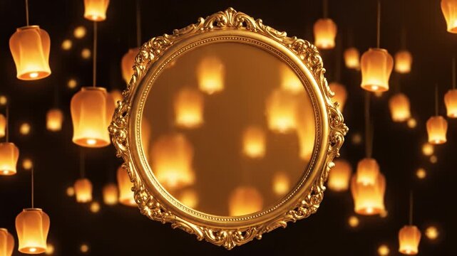 Chinese new year lantern festival golden frame glowing circle ornate mirror warm bokeh celebration night background magical atmosphere reflection fantasy design luxury decor holiday celebration