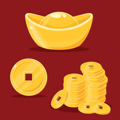 Chinese Gold Ingot and Gold Coins, Symbol of Wealth and Prosperity, Vector Illustration