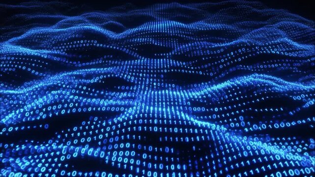 Blue binary digits forming layered waves glowing pulses seamless futuristic cinematic surreal ethereal ambience cascading softly glowing abstract unique style ultra realistic loop