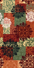 Antique floral fantasy elements patchwork wallpaper abstract vector seamless pattern for textile fabric long carpet rug tapestry runner bed cover tablecloth pillow