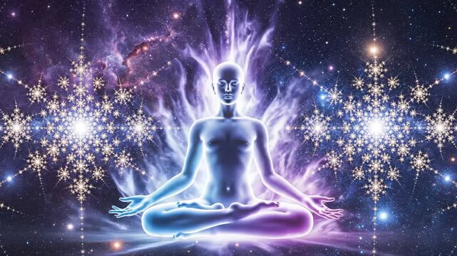Meditating figure in cosmic space