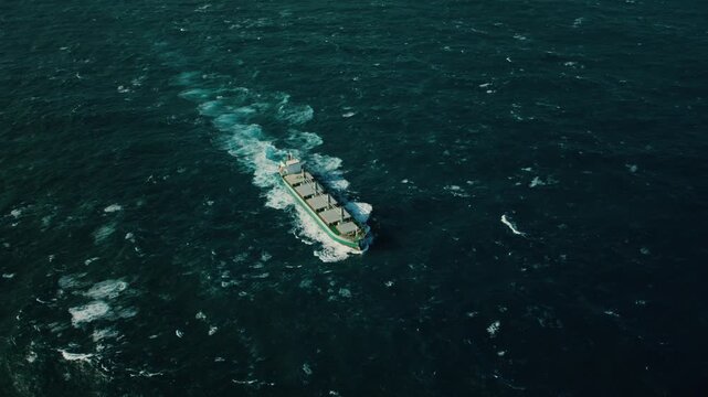 Large cargo ship sailing through rough ocean waves under cloudy sky, side view of bulk carrier with onboard cranes and rusted hull, maritime transport and global shipping concept.