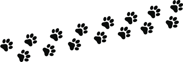 Diagonal paw prints trail, black animal footprints path, dog or cat walking motion vector illustration, pet themed design element