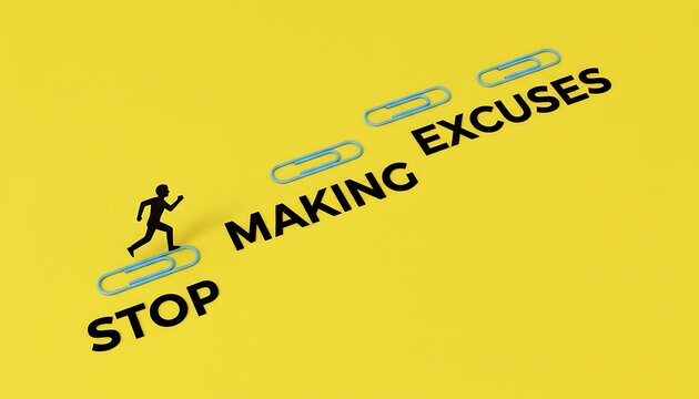 Paperclips arranged in a path with text stop making excuses on yellow background featuring motivation, inspiration, productivity with office supplies and minimalistic design elements for simple,