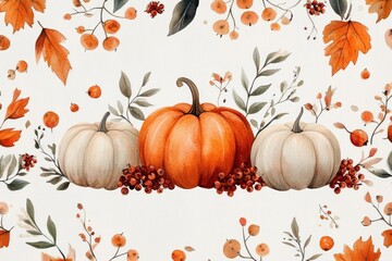 Naklejka premium three pumpkins (one vibrant orange center and two pale white) surrounded by autumn leaves, red berries and delicate branches in a warm cozy watercolor harvest scene