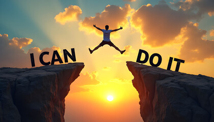 Silhouette man jumping over cliffs with I can do it message, good mindset and never give up concept