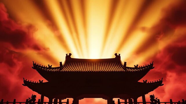 Chinese new year sunrise temple silhouette sky glow celebration tradition culture dramatic light ray cloud red golden spiritual festival architecture gate pagoda roof lantern heritage sacred mood joy