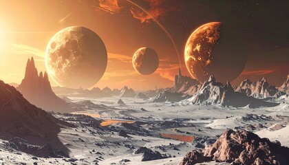 A surreal sci-fi landscape with a planet and moons in a fantasy sky