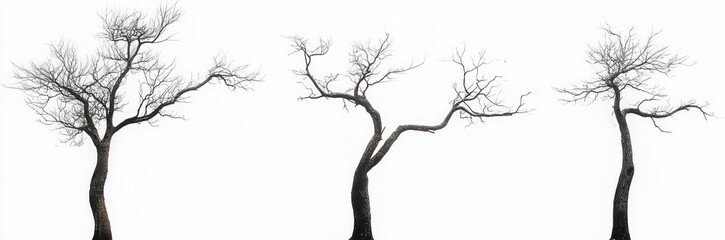 Fototapeta premium Three bare leafless trees with twisted trunks and sparse branches on a stark white panoramic background, evoking quiet solitude and minimalist melancholy