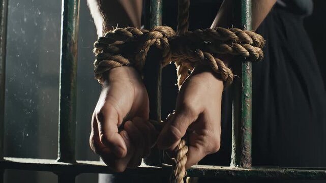 Persons hands bound by rope behind bars