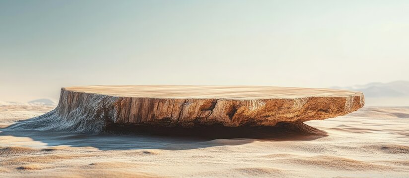 flat circular rock plateau rising from wind-swept sand under soft sunlight, serene and surreal isolation