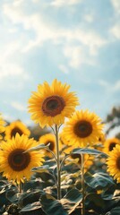 Obraz premium single tall vibrant sunflower rising above a field of sunflowers under a bright blue sky, warm cheerful and uplifting summer scene