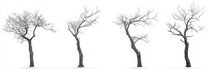 Fototapeta premium Four leafless winter trees standing in fresh snow, stark minimalist panorama of twisted trunks and bare branches evoking quiet melancholic solitude