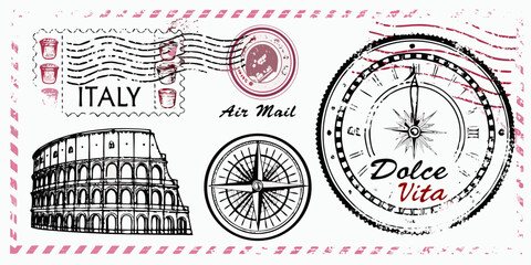 Vintage travel elements depicting italy colosseum compass and postage stamps © Raben