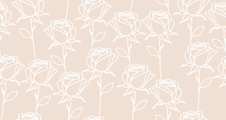 Floral Seamless Pattern. Vector Pink and White Rose Flower Ornament Design. Elegant Floral Wallpaper Template. Minimalist Monochrome Flower Texture. Repeated Floral Trendy Design for Fabric, Prints