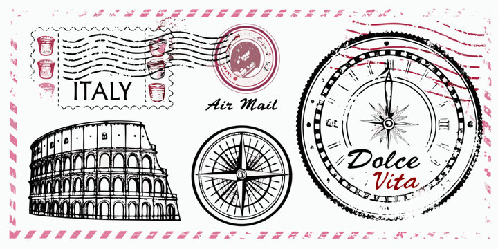 Vintage travel elements depicting italy colosseum compass and postage stamps