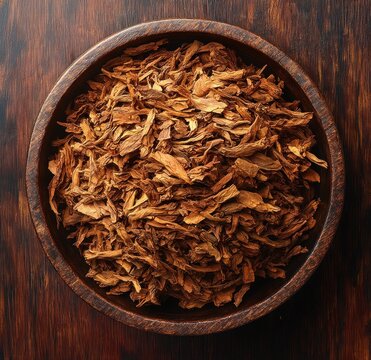 overhead view of a wooden bowl filled with shredded dried brown leaves on a wooden table, warm rustic and earthy mood