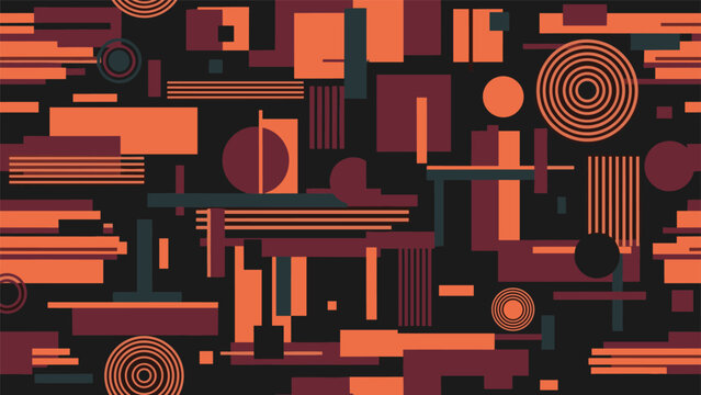 Abstract seamless pattern of geometric shapes like rectangles circles and lines in earthy orange and brown tones.