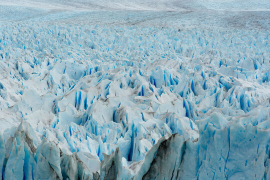 View of the Perito Moreno Glacier's icy expanse, a stunning display of nature's power and beauty in Los Glaciares National Park, Santa Cruz Province, Argentina.